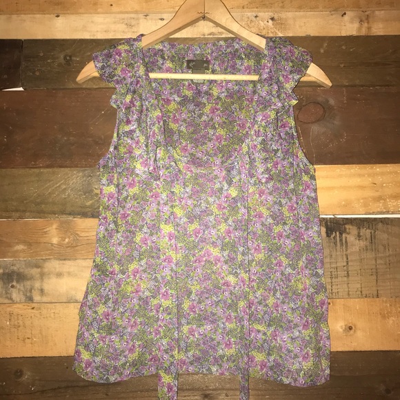 Anthro Fei Floral Tie Bow Silk Ruffle Blouse Tank - Picture 2 of 8